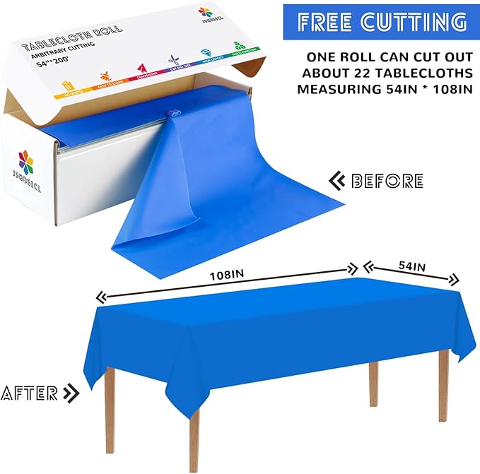 54 Inch X 200 Feet Plastic Table Cover Roll with Convenient Slide Cutter, Disposable Plastic Table Cloth Roll with Cut-to-Size Design for Weddings, Banquets, Parties (Blue)