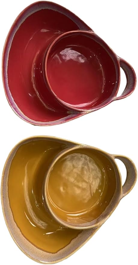 Soup and Side Bowl Plate Ceramic, Chip and Dip Divided Bowls, Anti-Soggy Cereal Bowl Bread Dipping Bowls Plates for Salad Breakfast, and Sandwich Ideal for Home and Restaurant (red+yellow)