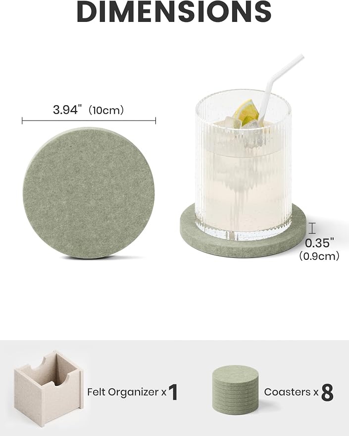 Fluxynara Felt Coasters with Holder, Sage | Round Felt Coasters, Heat-Resistant - Image 2
