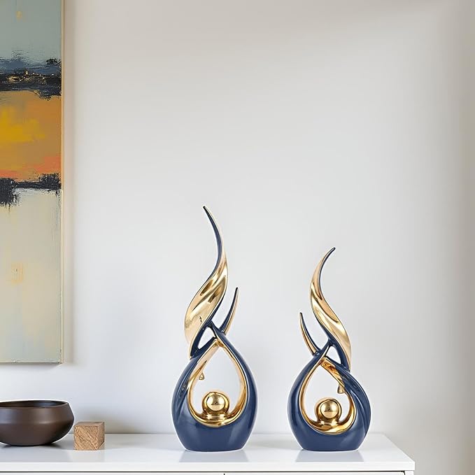 XMGZQ Gold Ceramic Abstract 2 Piece Statue Set,Mid Century Modern Abstract Art Home Decor Statue Mantelpiece on Unique Shelf Decor, TV Cabinet Divider Table top and Dining Table Centerpiece (Blue)