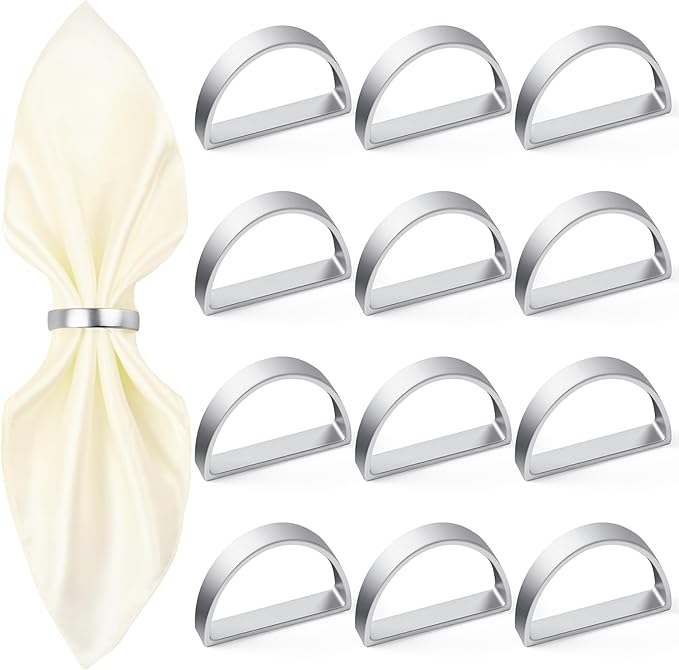APTWOW Silver Napkin Rings Set of 12, Semicircle Metal Silver Napkin Holder Buckles, Fall Thanksgiving Christmas Napkin Rings for Dinner Table Decor, Wedding, Banquet, Party