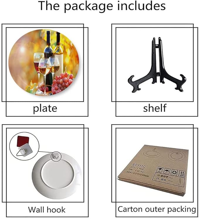 Decorative Plates, Wine Print Ornament, Tasty Wine on Wooden Barrel on Grape Plantation, 6 Inch, 1 Plate with 1 Display Stand, Orange Red Black