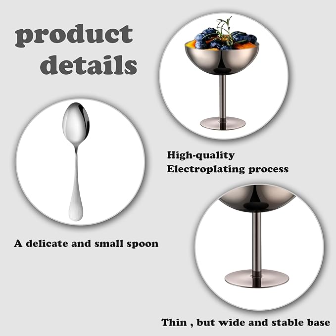 Ice Cream Bowls Stainless Steel Dessert Cups with Spoons Reusable Footed Sundae Cups Ice Cream Cups for Dessert, Frozen Yogurt, Gelato, Birthday Party Decorations (1, Black)