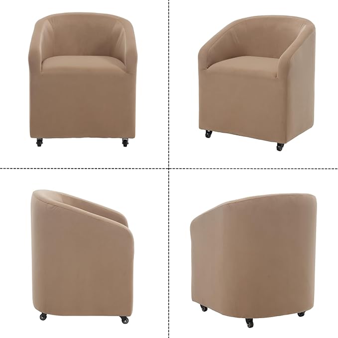 Modern Barrel Dining Chairs with Rolling Casters Set of 2, Upholstered Velvet Swivel Dining Room Chairs with Wheels for Kitchen Living Room Home Office, Khaki