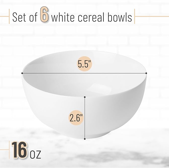 Brew To A Tea BTaT- White Bowls Set of 6, 16 oz, White Cereal Bowls Set of 6, Christmas Gifts