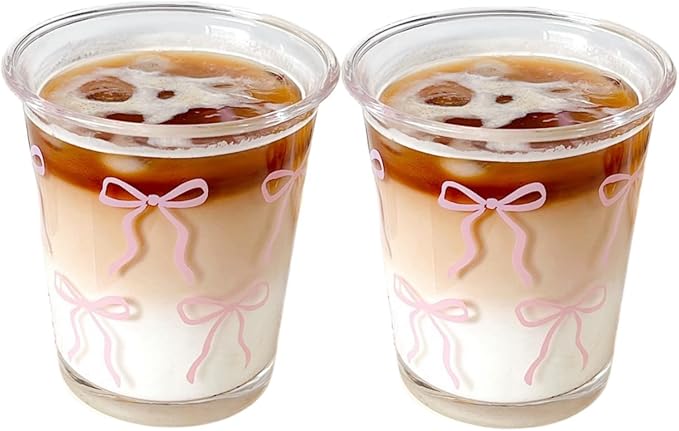 2 Pack 12 OZ Cute Bow Glass Cup French Drinking Glasses | Thick Sturdy by yaocoral