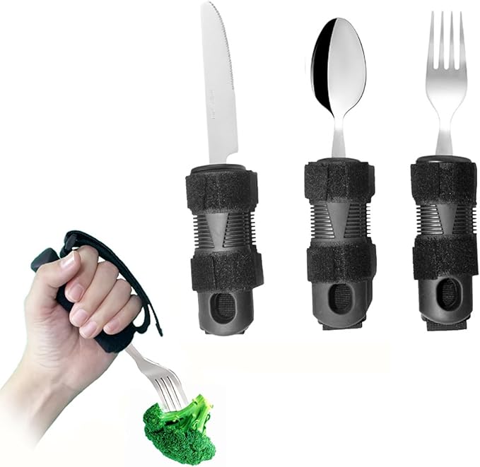 Adaptive Utensil Set for Elderly Parkinsons Stroke Patients, Non-Slip Grip with Hand Strap for Hand Tremors & Muscle Weakness, 3PCS Heavy Stainless Steel Spoon Fork Knife