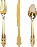 WDF 300 Pieces Gold Plastic Silverware Disposable - Heavy Duty Plastic Cutlery - Gold Silverware Sets Includes 100 Forks, 100 Spoons, 100 Knives for Valentine's Day