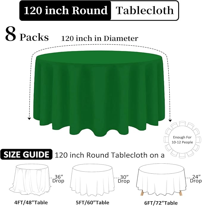 8 Pack Green Round Tablecloth 120 Inch Wrinkle Resistant Round Green Table Cloth Reusable and Washable Polyester Fabric Table Covers for Buffet Wedding Party and Banquet