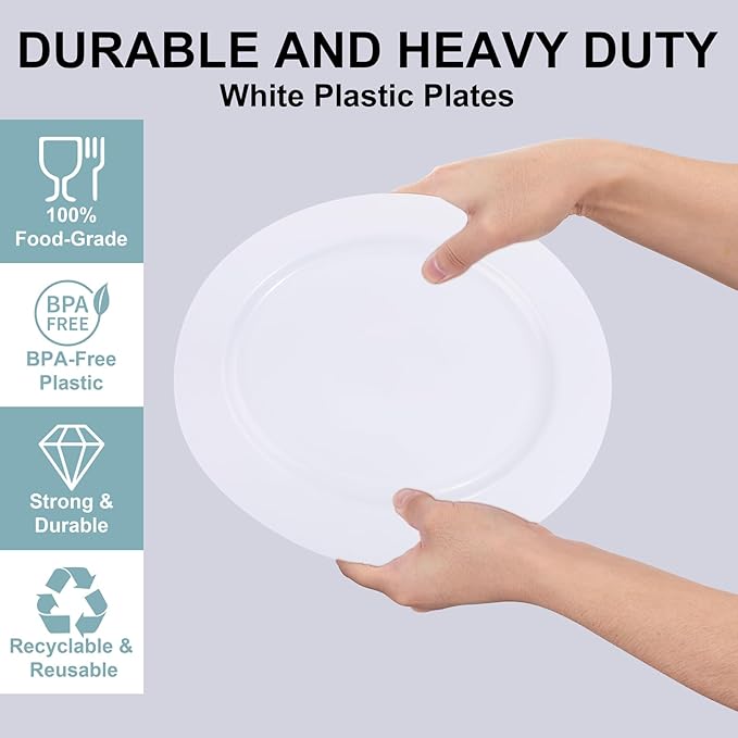 I00000 50Pcs White Plastic Dinner Plates 10 Inch, Premium Disposable Party Plates, Safe and Reusable, Heavy Duty Plastic Plates Perfect for Wedding Valentine's Day Party