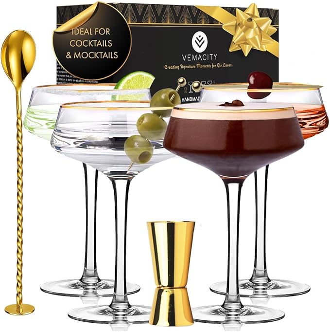 VEMACITY Deluxe Espresso Martini Glasses Set of 4, Bar Tools, Coupe Glasses | by Vemacity