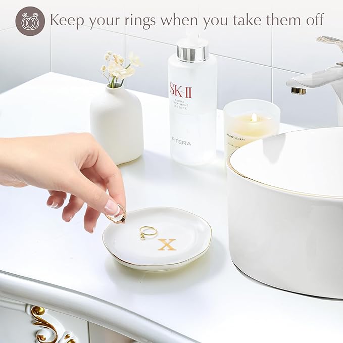 ProCase Ceramic Jewelry Tray, Initial Ring Dish Trinket Plate Engagement Gift, Small Personalized Monogram Ring Bowl for Wedding, White Decorative Jewelry Holder for Women Vanity -Letter X