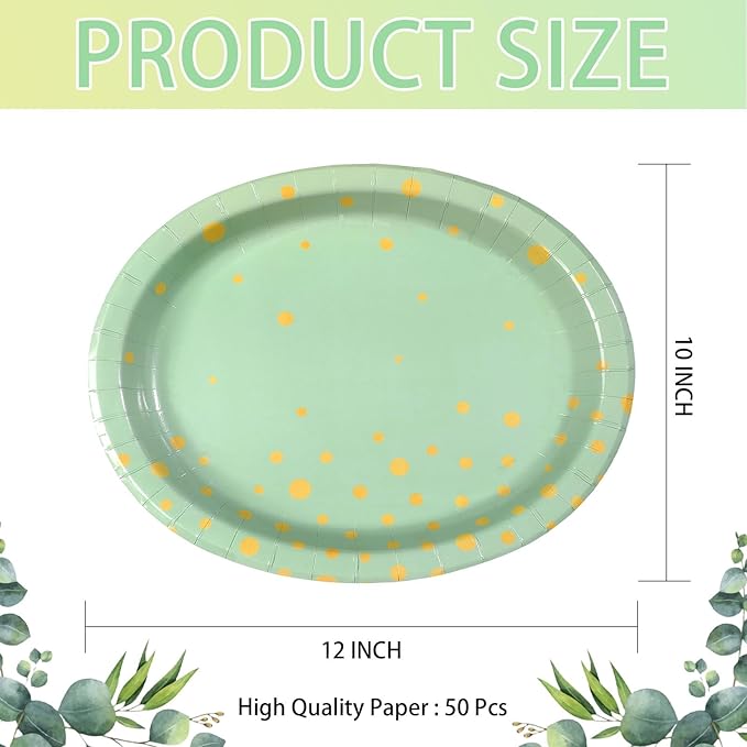 50Pcs Sage Green Oval Paper Plates 10" x 12" Large Disposable Sage Green and Gold Party Supplies Dessert Paper Plates Gold Dot Light Green Platter for Baby Shower Birthday Wedding Party Decorations