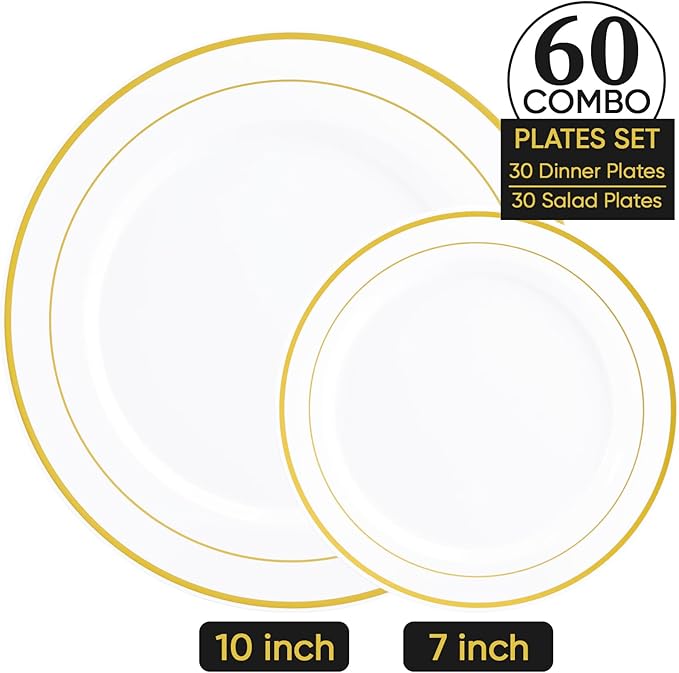 FOCUSLINE Gold Plastic Plates Set of 60, Disposable Plates with Gold Rim 30 Dinner Plates 10" and 30 Salad Dessert Appetizer Plate 7", Elegant Fancy Heavy Duty Wedding Party Plates