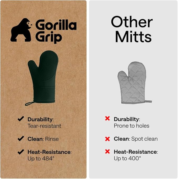 GORILLA GRIP BPA-Free Soft Silicone Oven Mitts, Heat Resistant and Waterproof Cooking Gloves, Thick Cotton Lining, Flexible Gripping for Baking Grilling, Kitchen Potholders Set, 12.5x8.3, Hunter Green