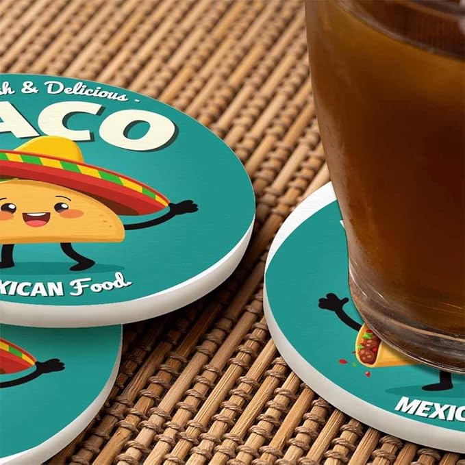 Taco Coasters for Coffee Table Cute Cartoon Mexican Food Funny Happy Hat Lovely Smile Beef Tomato Chicken Housewarming Presents for Women Men Home Decor Office Kitchen Living Room 2 Pcs