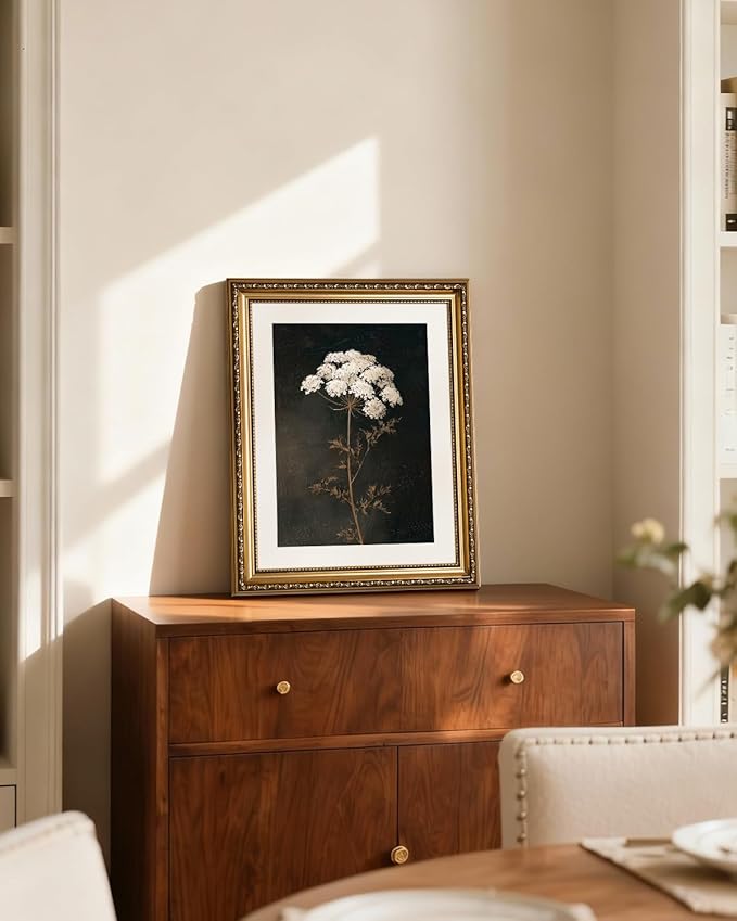InSimSea Gold Picture Framed Wall Art, Living Room Vintage Dark Flower Wall Decor, Moody Floral Botanical Canvas Print Art, Home Farmhouse Decor, Antique Paintings with Frame 13x16inch