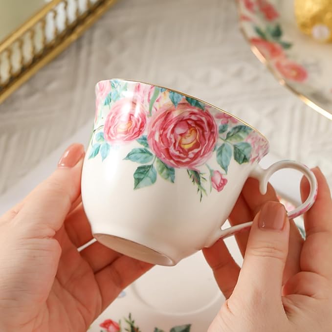 15 Piece British Bone China Tea Cup Sets, Elegant red Rose Pattern, Cups and - Image 8