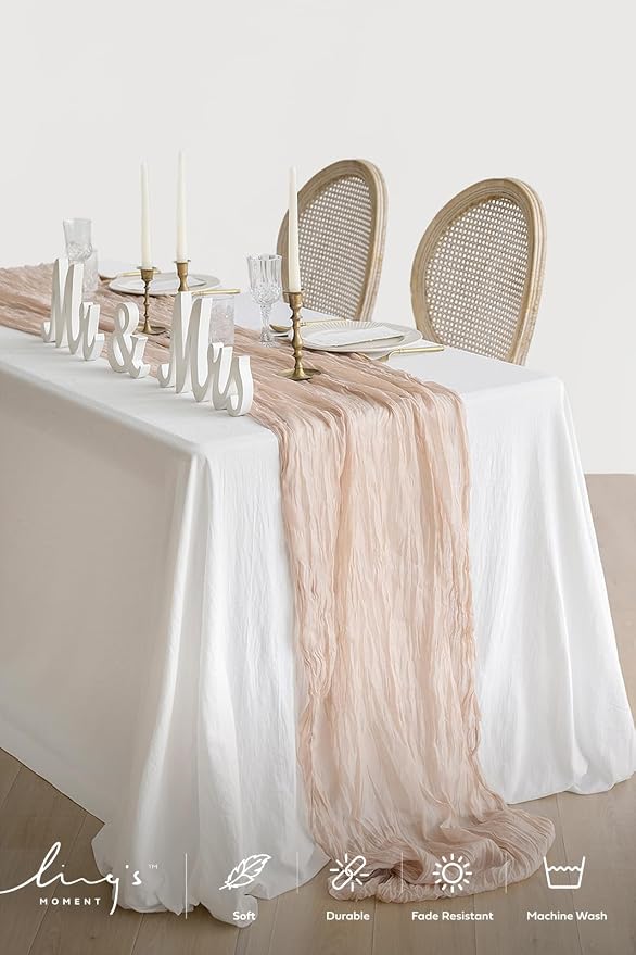 Ling's Moment Warm Sand Cheesecloth Table Runner, 120 Inch 10FT | Boho Gauze - Image 2