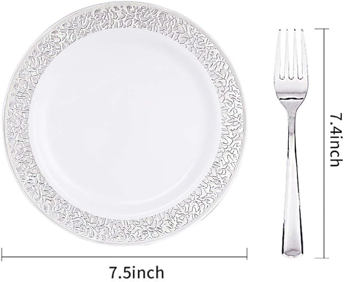 WDF 100pcs Silver Plastic Dessert Plates 7.5" with 100 Pieces Disposable Forks 7.4", Silver Plates Appetizer Plates Small Plates, Fancy Salad Plate and Cake Plate for Party Wedding Valentine's Day