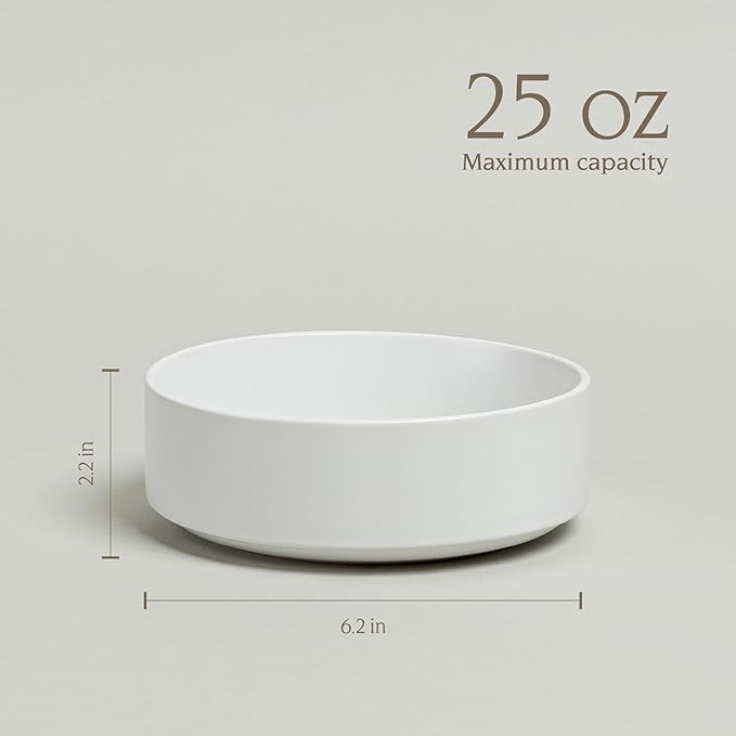 over&back Stackable Cereal Bowl Set - Stoneware Dishes - Comes with 4 Cereal Bowls - Easy-to-Stack Breakfast Place Settings - 6.2" x 6.2" x 2.2" - 25oz - Semi-Matte White
