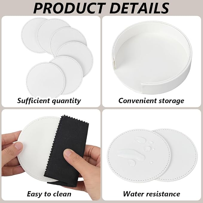 6PCS White PU Leather Cup Holders 4 Inch Leather Round Drink Coasters Spill - Image 5