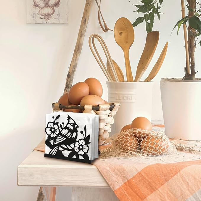 Cardinal Bird Decorative Black Metal Napkin Holder for Table, 4.9" x 4.5" x 1.9" Bird Flower Standing Napkin Holder for Home Kitchen Restaurant Picnic Party Coffee Bar Dining Room