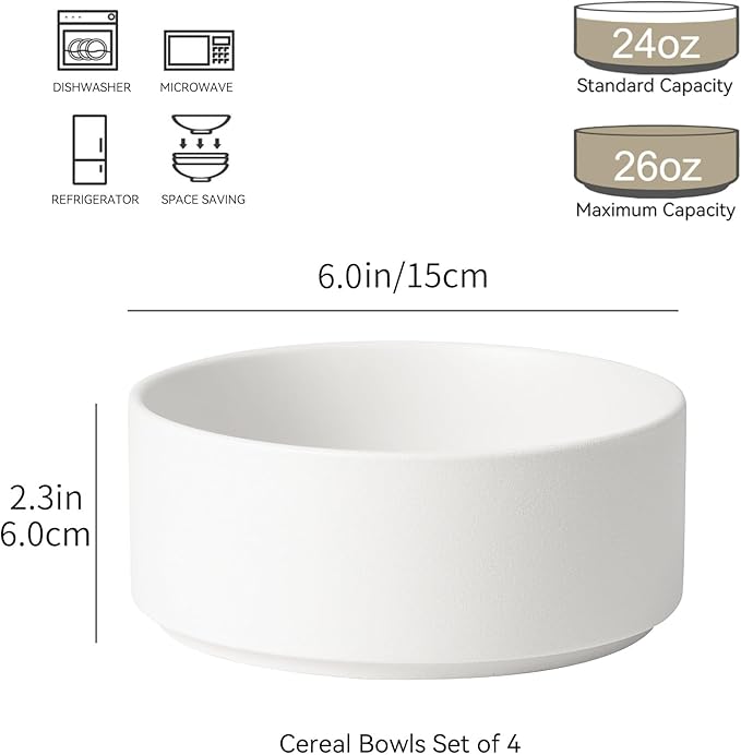 GZG Ceramic Cereal Bowls Set of 4,6 Inch Stoneware Soup Bowls,Dishwasher and Microwave Safe,Stackable,Scratch Resistant for Oatmeal,Fruit,Salads and Rice(Frosted Matte White)