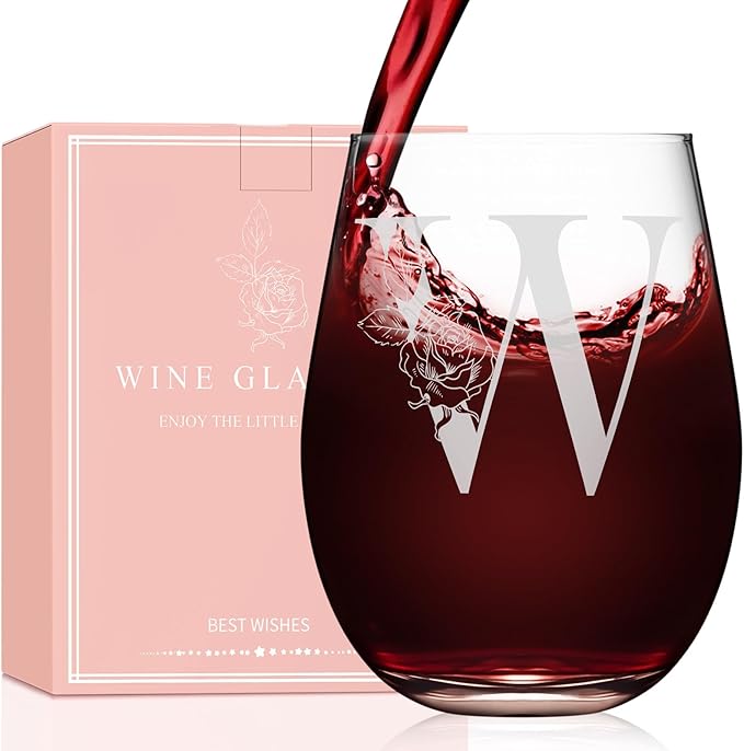 Valentines Day Gifts for Her, Gifts for Women Her Friend Mom Grandma Wife Sister Bridesmaid Nurse, Birthday Galentines Mothers Day Christmas, Personalized Initial Customized Wine Glasses 18OZ(W)