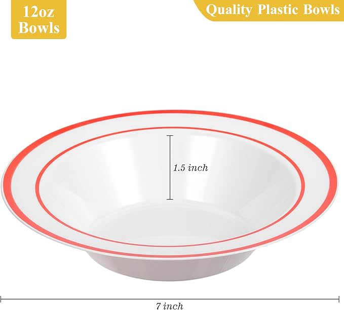 Goodluck 100 Pack Plastic Bowls with Red Rim, 12oz Disposable Soup Bowls, Heavy Duty Dessert Bowls for Weddings, Parties, Valentine's Day Dinners, Catering, Thanksgiving and Everyday Use