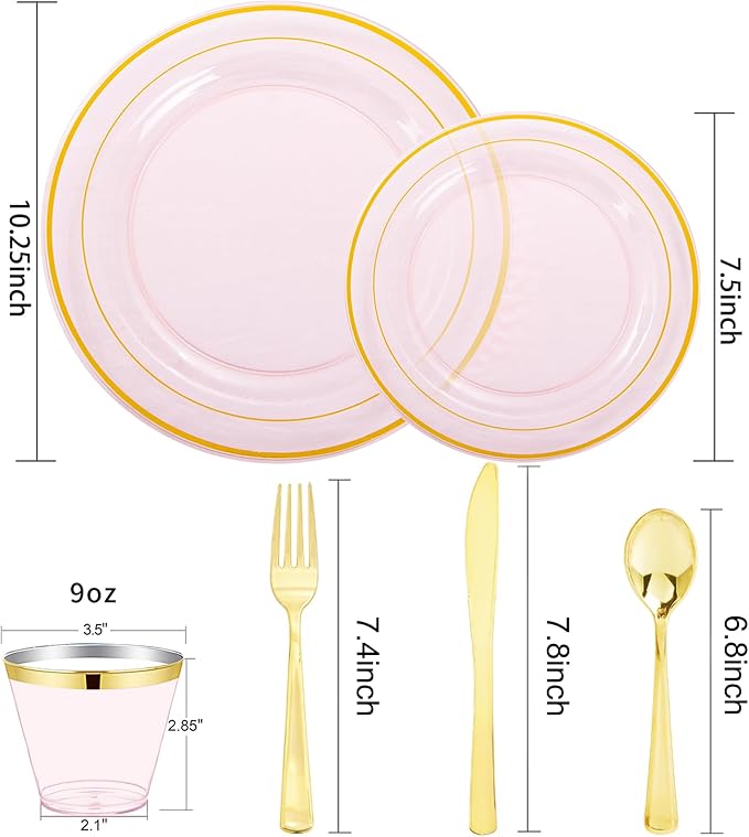 WELLIFE 210Pcs Clear-Pink Plastic Dinnerware- Pink and Gold Plastic Dinnerware - Image 2