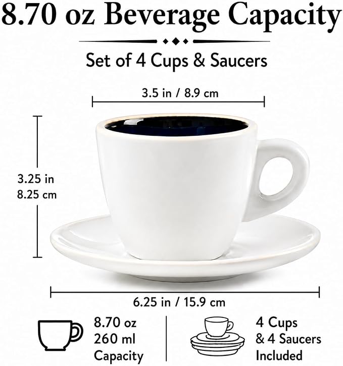 Bacimi® Cappuccino Cups and Saucers Set of 4 – 8.7oz Thick Barista Style - Image 5