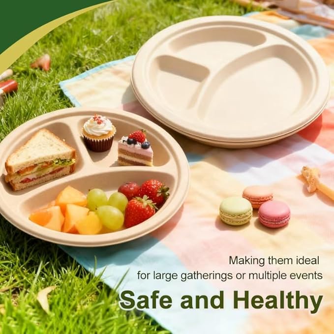 Disposable Plates, 10 Inch,100pack,3 Compartment, Biodegradable, bagasse,sugarcane,Natural Color, Round Shape,100 Count