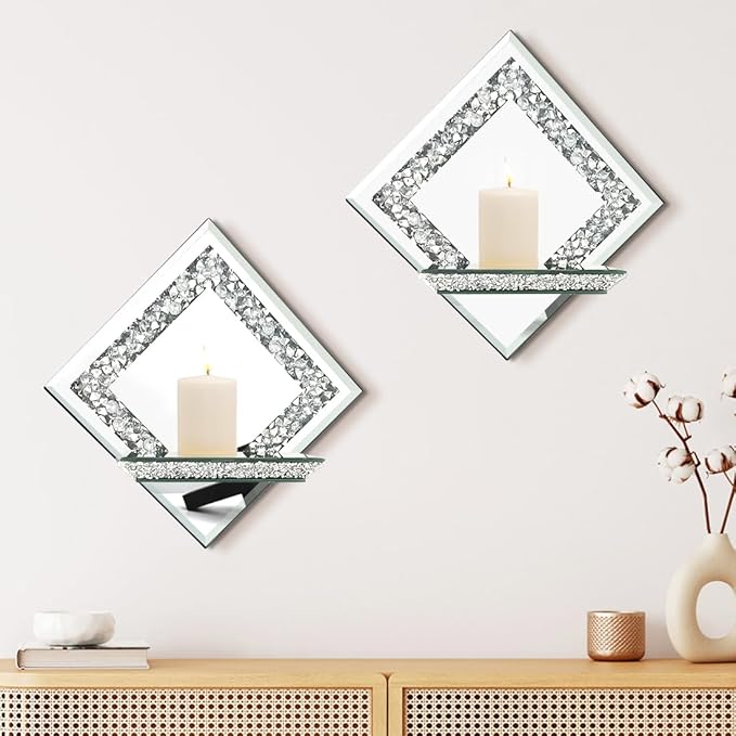 Pibeyer Mirrored Candle Sconces with Acrylic Diamond, Crushed Diamond Wall Candle Holders, Home Décor