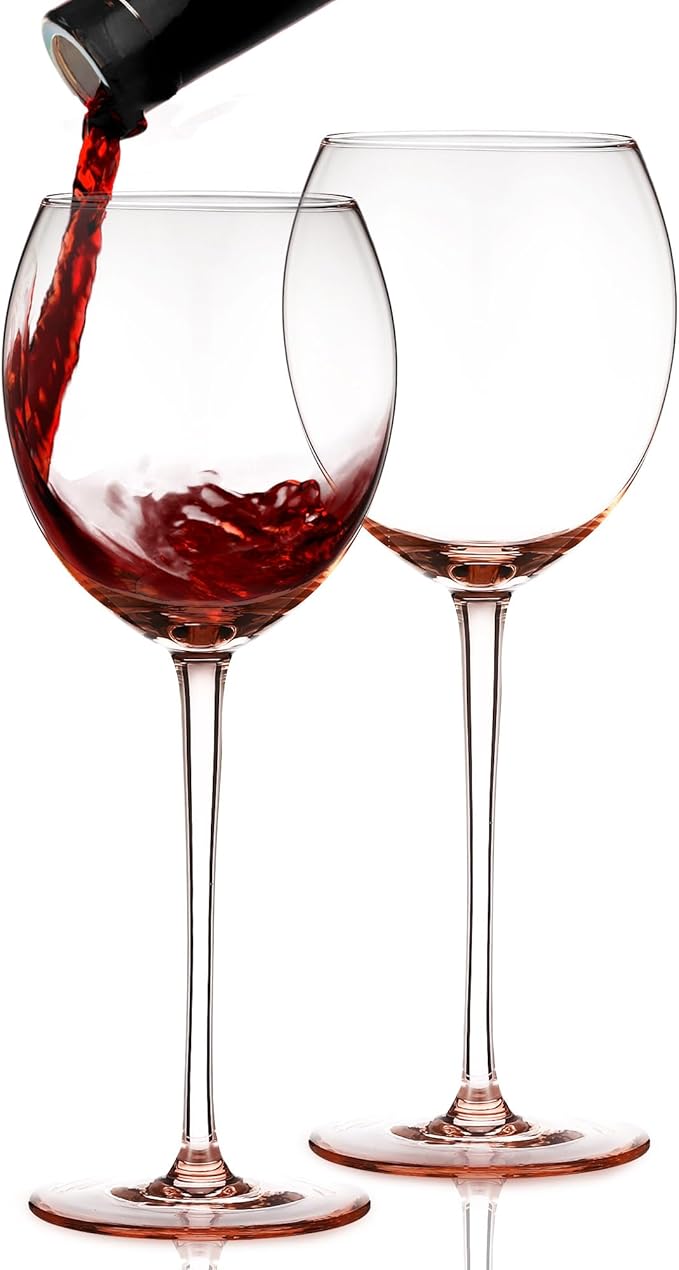 Colored Red Wine Glasses Set of 2 - Elegant Long Stem Wine Glass - 13.3oz (Rose Pink)