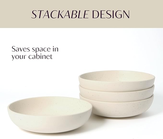 Ceramic Pasta Bowls Set of 4 – 40oz Extra Large Dinner Bowls, Deep Plates Salad Bowl for Eating, Pasta Plates, Stoneware Shallow Bowl Plate Set, Dishwasher & Microwave Safe - Beige