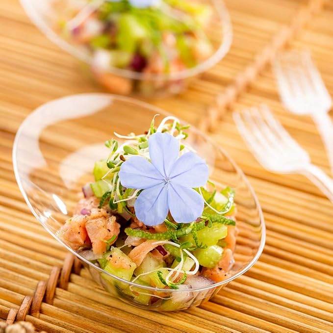 Restaurantware 4 x 2.9 x 1.3 Inch Mini Tasting Dishes 100 Disposable Mini Dessert Dishes - Oval Ellipse Design Clear Plastic Appetizer Dishes Serve Samples or Snacks For Parties or Weddings