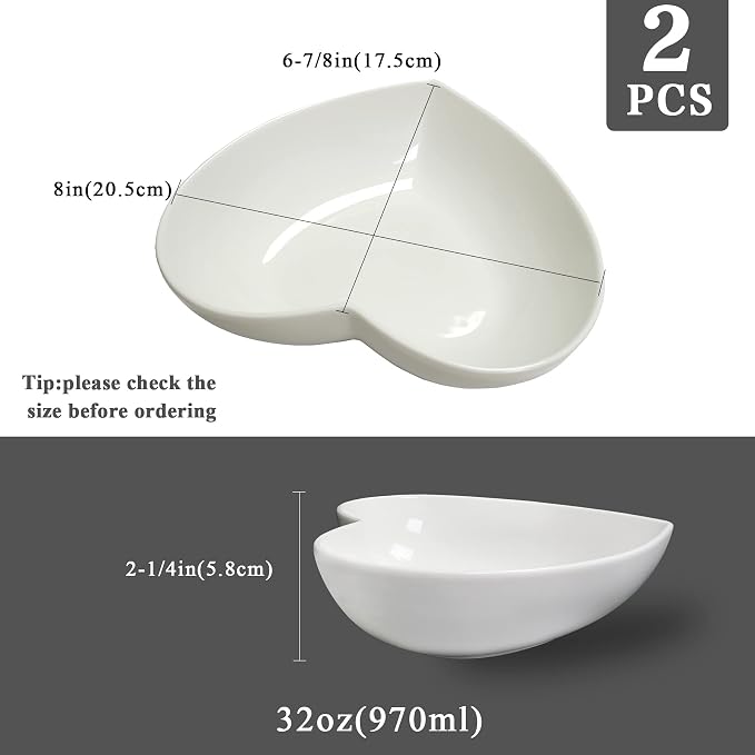 2pcs Porcelain Heart Shaped Plates Deep Salad Plates, 8 inch Large Heart Bowls - Image 2
