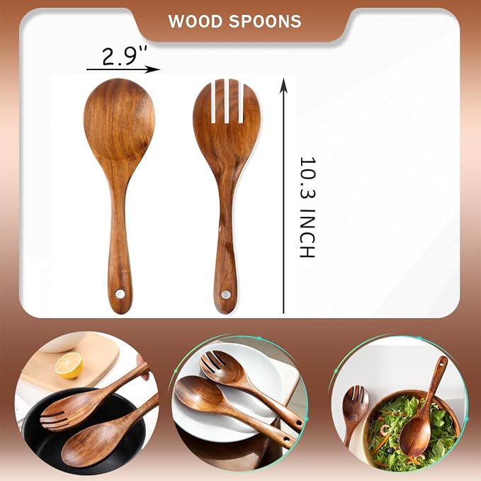 Teak Wood Spoons for Cooking, 10.2-Inch Teak Wooden Salad Serving Spoon Set of 2 - Image 3
