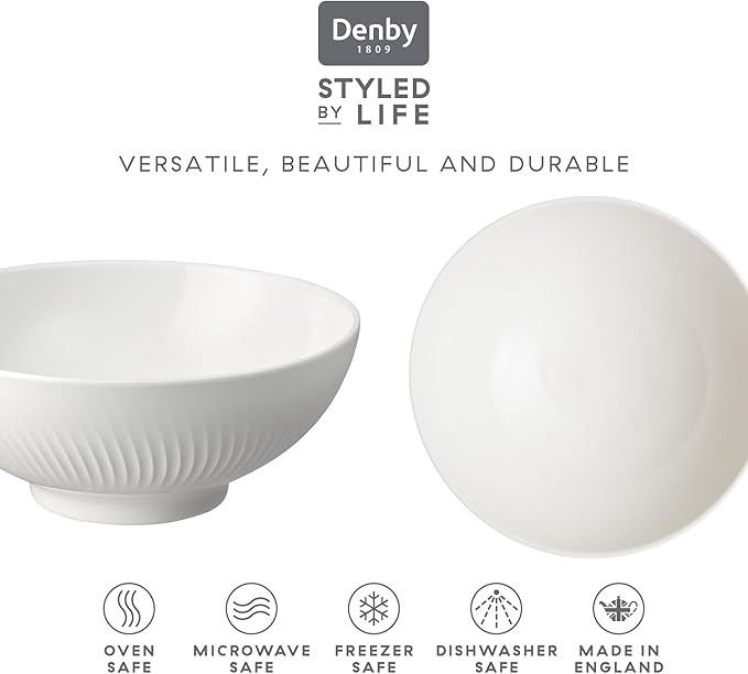 Denby - Arc White Porcelain Cereal Bowls Set of 6 - Dishwasher Safe, Microwave Safe Tableware - Scratch Chip Resistant, 6.7" Soup, Dessert, Ice Cream Bowls For Kitchen