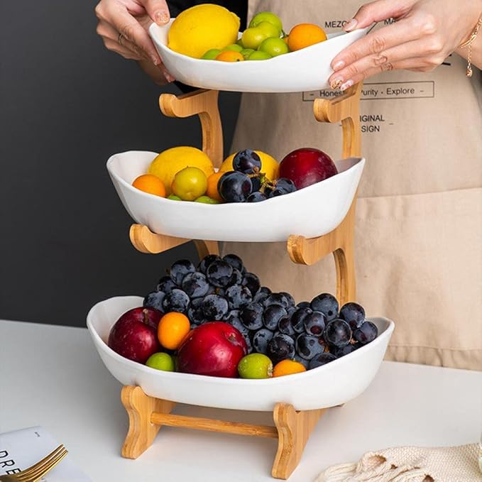 jessie 3 Tier Fruit Basket,Ceramic Large Capacity Tiered Fruit Basket Stand,Bamboo Fruit Serving Tray Snacks Nuts Bread Candy Storage Holder (White porcelain)