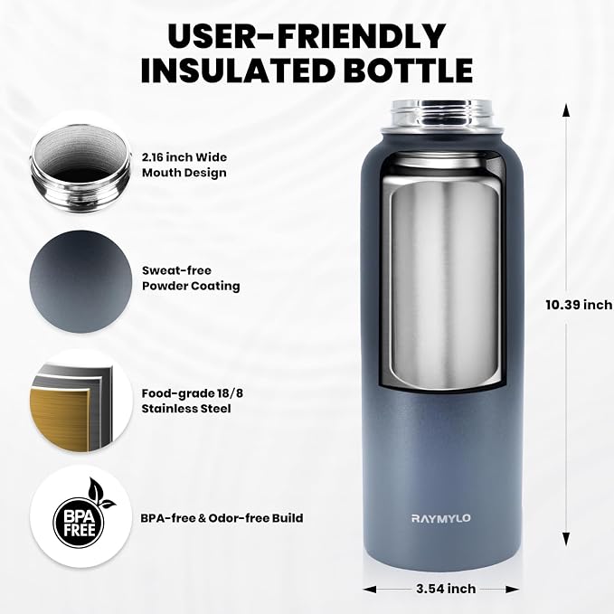 RAYMYLO Insulated Water Bottle 40 oz, Triple Wall Vacuum Stainless Steel | - Image 4