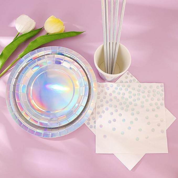 Iridescent Party Supplies, Holographic Paper Plates and Napkins Set, Rainbow Disposable Paper Plates Cups Knives Spoons Fork Straw for Birthday Wedding Party Serve 25 (Iridescent)