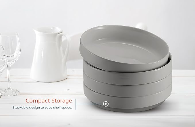 KooK Ceramic Large Pasta Bowls, Microwave and Dishwasher Safe, Great for Soups and Salads, Shallow Serving Bowls, Glossy Porcelain, 47 oz, Set of 4, Powder Grey