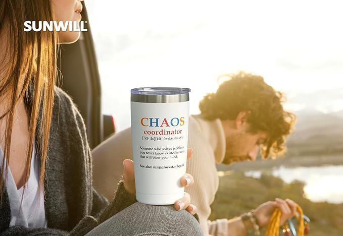 SUNWILL Coffee Tumbler with Lid, Christmas Gifts for Women, Stainless Steel Insulated Mug, CHAOS Coordinator Cups for Birthday, Thank you, Graduation - 20 oz Snow White