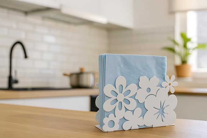 Mango Steam Tabletop Napkin/Tissue & Letter Holder For Home, Kitchen, Restaurants (Flower, White)