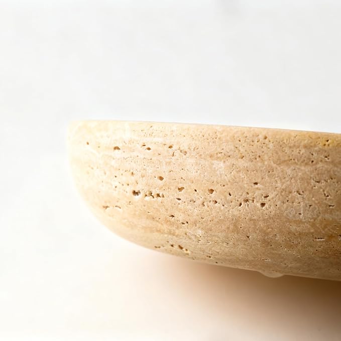 Handmade Travertine Stone Bowl | 7.8" Decorative Key & Fruit Bowl | Kitchen Counter, Dining Table Centerpiece, Entryway & Office Desk Decor (Beige)