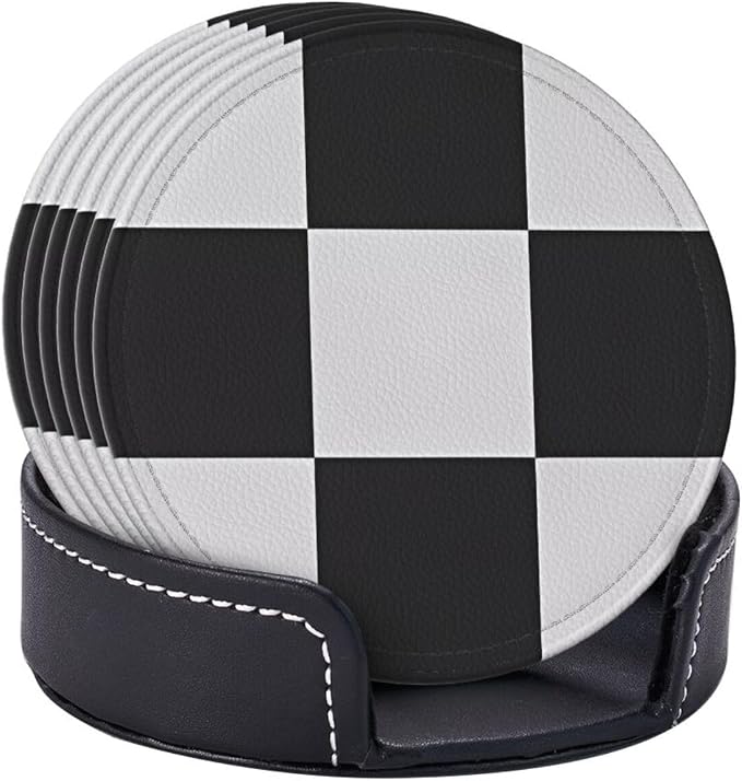 6 Pcs Black and White Checker Leather Coasters - Image 6