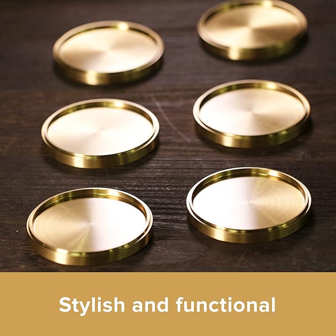 Heavy Brass Coasters for Drinks (6-Pack) - Solid Bronze Gold Coasters - Classy MCM Style Premium Coaster Set - 5 Star Hotel Table & Bar - Board Room Elegant Copper Cup Holder - L