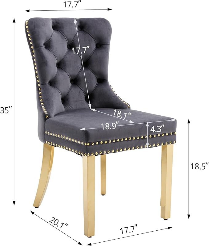 KCC Velvet Dining Chairs Set of 4, Upholstered High-end Tufted Dining Chair with Nailhead Back Ring Pull Trim Stainless Steel Legs, Contemporary Nikki Collection Modern Style for Kitchen, Dark Gray